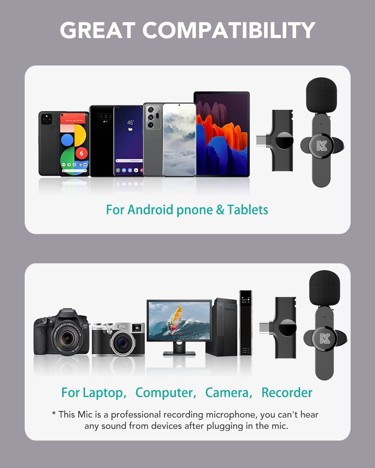 KDMLR Wireless Lavalier Microphone for Samsung and Android Plug and Play Wireless Microphone for Recording, Live Streaming, YouTube, Facebook, TikTok, Clip-on Lavalier Mini Microphone with Noise Cance
