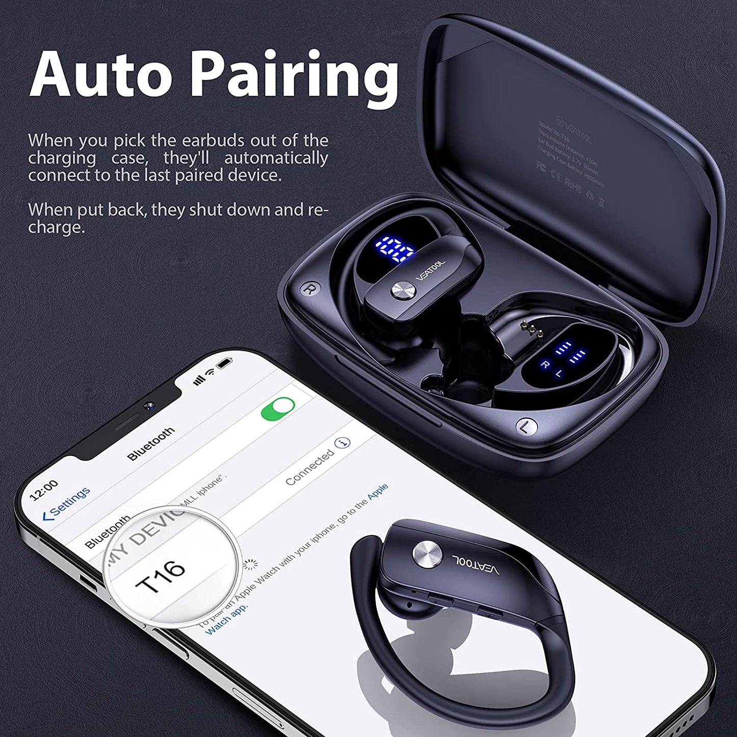 Wireless Earbuds, Bluetooth 5.0 True Wireless Headphones Sports Bluetooth Earphones Over-Ear Noise Cancelling Earbuds with LED Display Over-Ear Buds with Earhooks Built-in Mic Headset for Workout