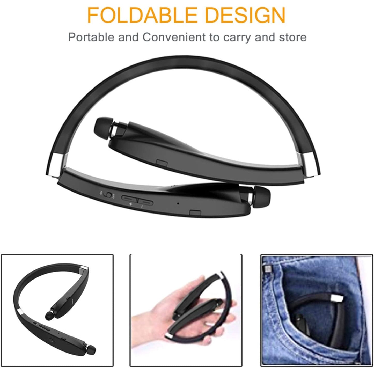 Foldable Bluetooth Headset,Lightweight Retractable Bluetooth Headphones for Sports&Exercise, Noise Cancelling Stereo Neckband Wireless Headset