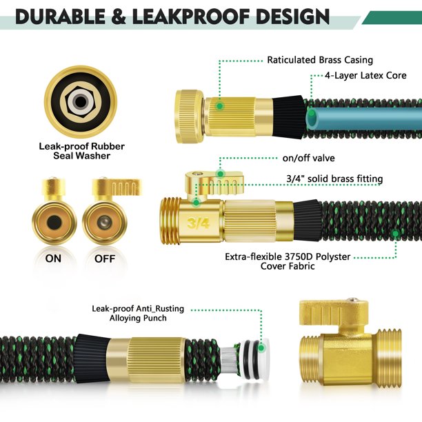 Expandable Garden Hose 100ft Upgraded,Flexible Lightweight Water Hose with 10 Way Spray Nozzle,Durable 4-Layer Latex Core,3/4” Solid Brass Fittings,Easy Store No Kink Leakproof Expanding Pipe