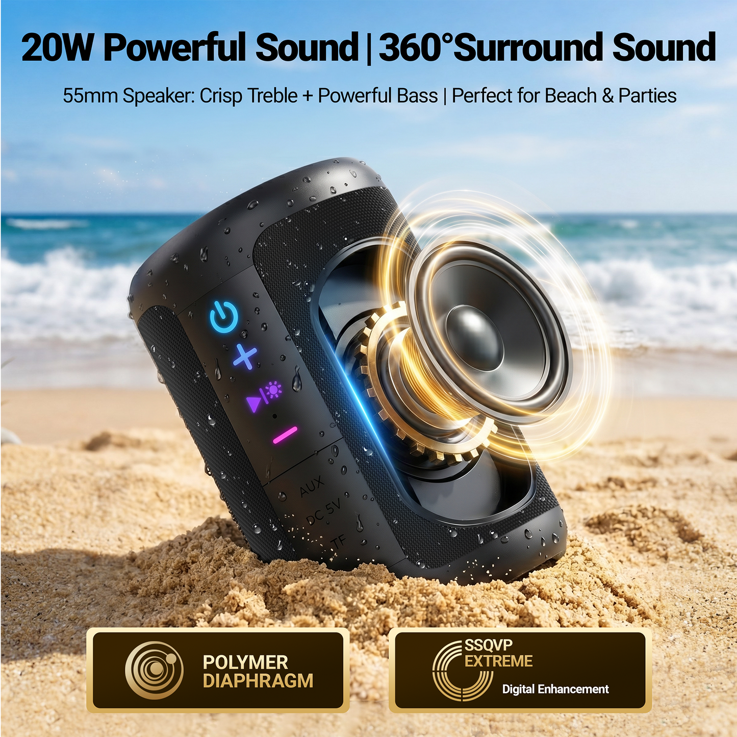 VEAT00L S16 Bluetooth speaker, Wireless Portable Bluetooth Speaker with IPX7 Waterproof, Up to 24H Playtime,20W Powerful Bass,BT 5.4,LED Lights,TWS Pairing for Home/Party/Outdoor/Beach,Birthday Gift