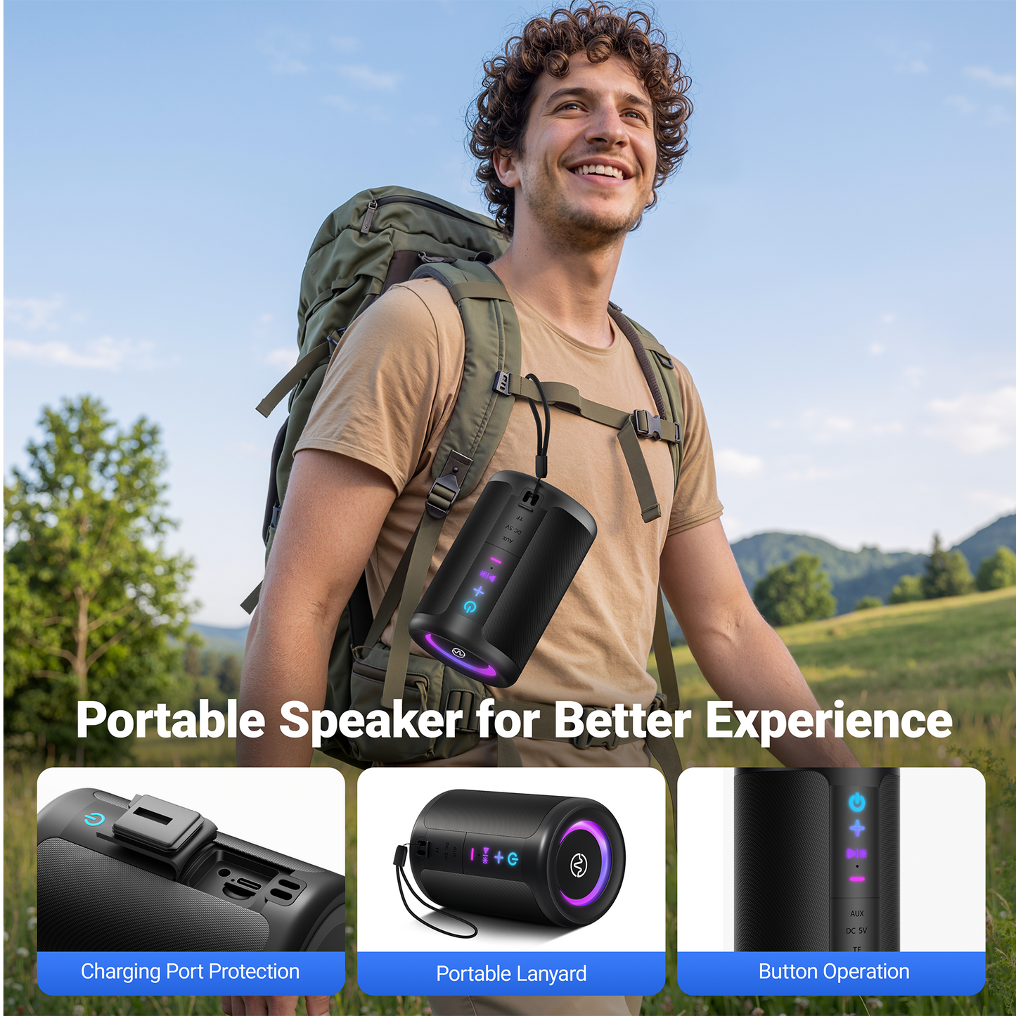 VEAT00L S16 Bluetooth speaker, Wireless Portable Bluetooth Speaker with IPX7 Waterproof, Up to 24H Playtime,20W Powerful Bass,BT 5.4,LED Lights,TWS Pairing for Home/Party/Outdoor/Beach,Birthday Gift