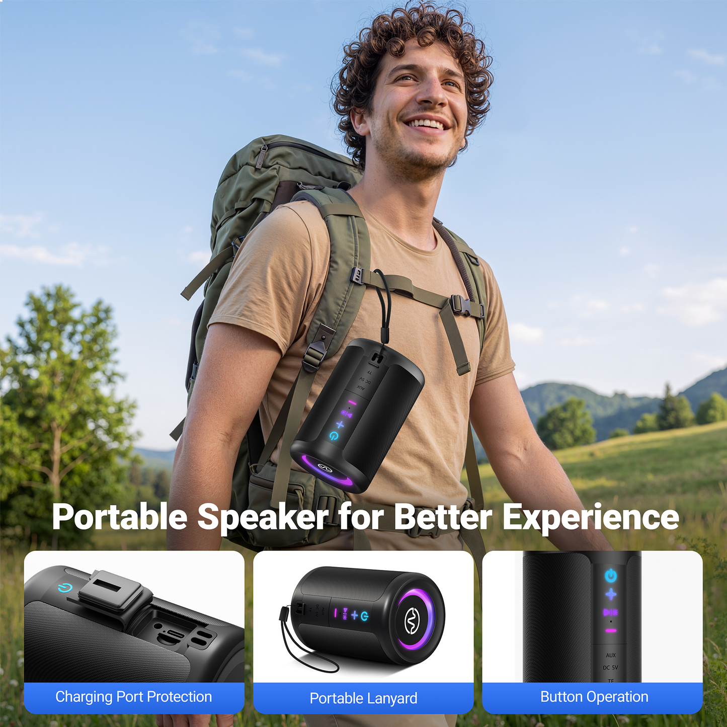 VEATOOL Portable Bluetooth Speaker, IPX5 Waterproof, Stereo Sound, 12H Playtime, Bluetooth 5.3, RGB Lights, Outdoor Speaker