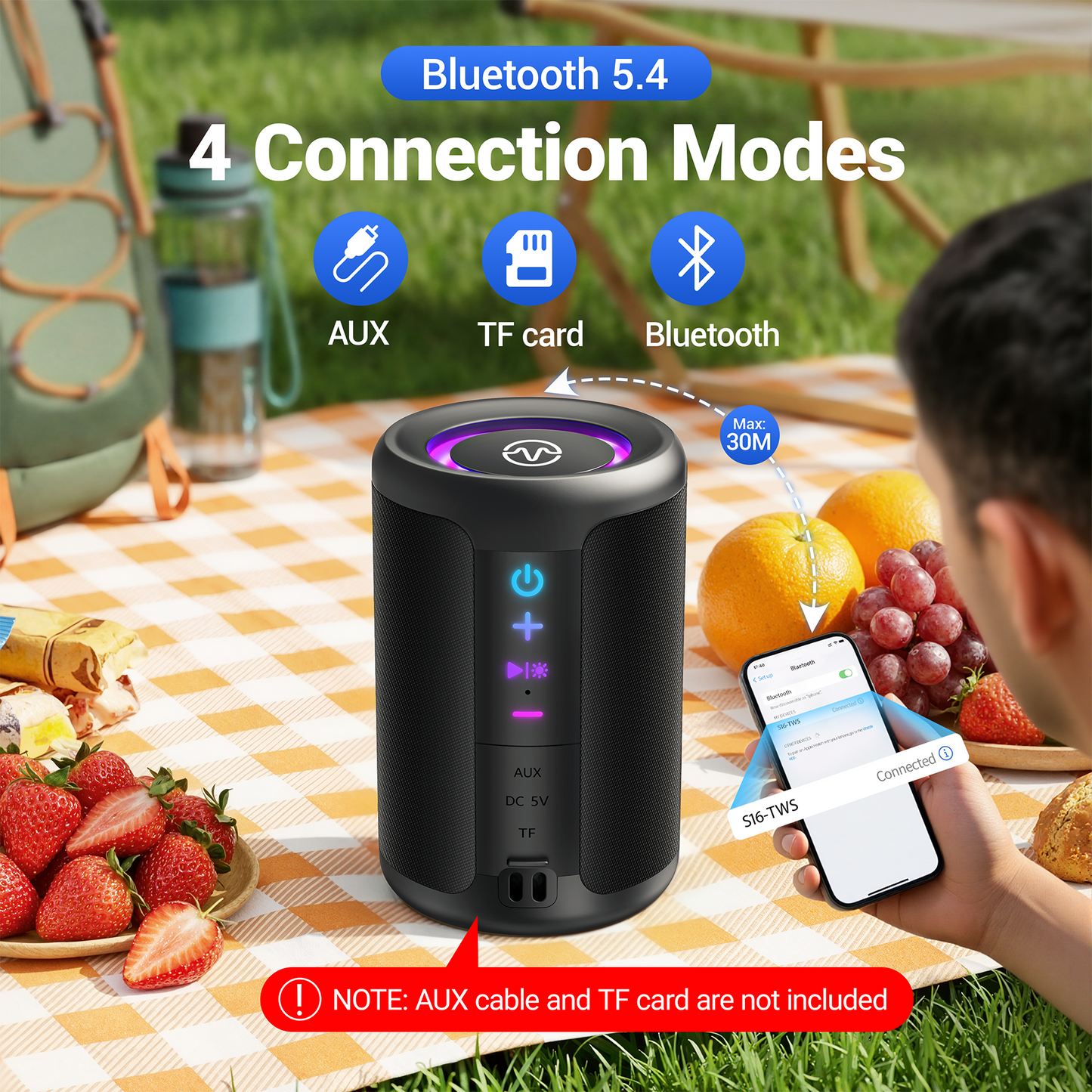VEAT00L S16 Bluetooth speaker, Wireless Portable Bluetooth Speaker with IPX7 Waterproof, Up to 24H Playtime,20W Powerful Bass,BT 5.4,LED Lights,TWS Pairing for Home/Party/Outdoor/Beach,Birthday Gift