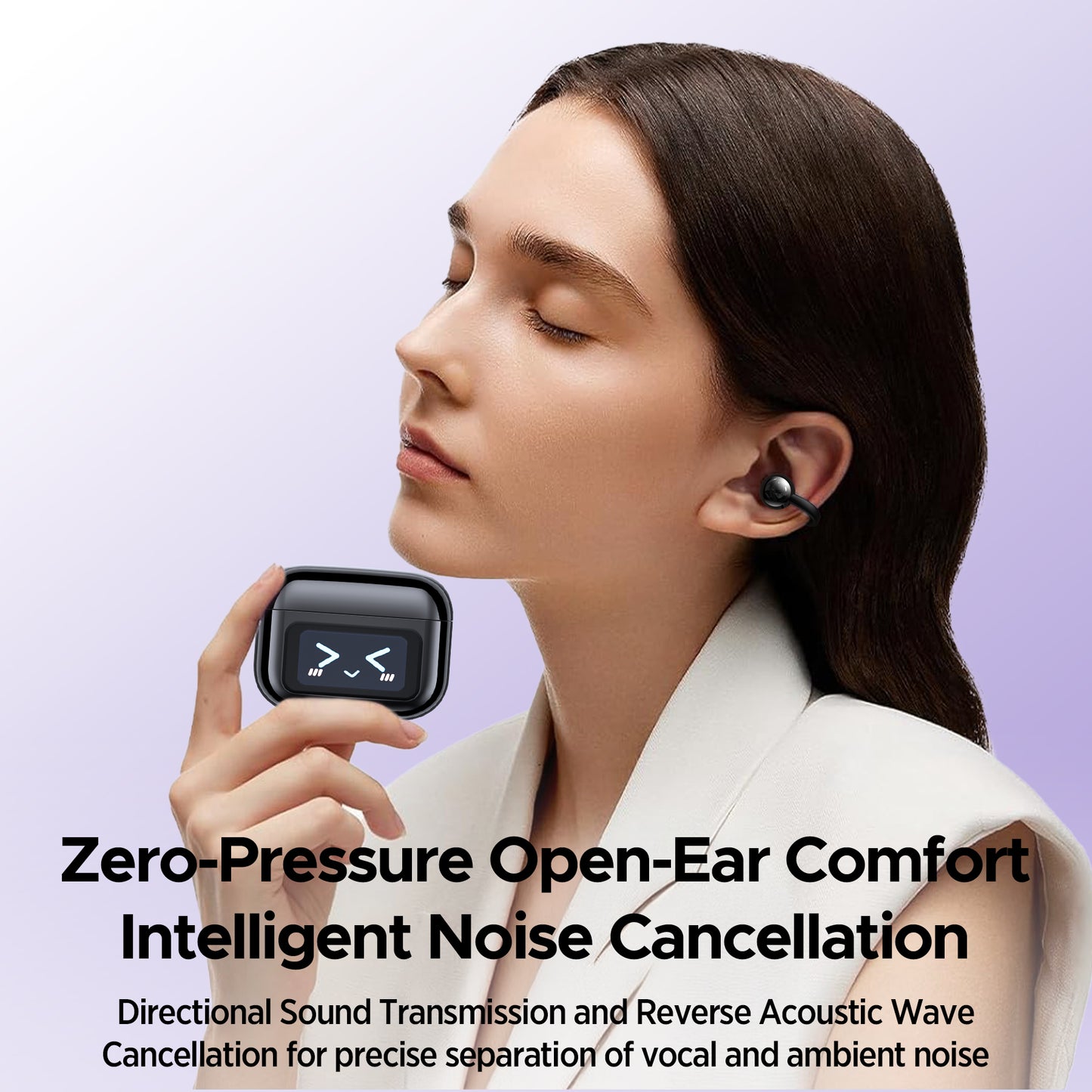 VEAT00L Open-Ear Headphones, Wireless Clip On Earbuds with Digital Display Charging Case 68 Hours Playtime, Lightweight Comfort, Stable Fit, Open-Ear Safety Design for Active and Office Use