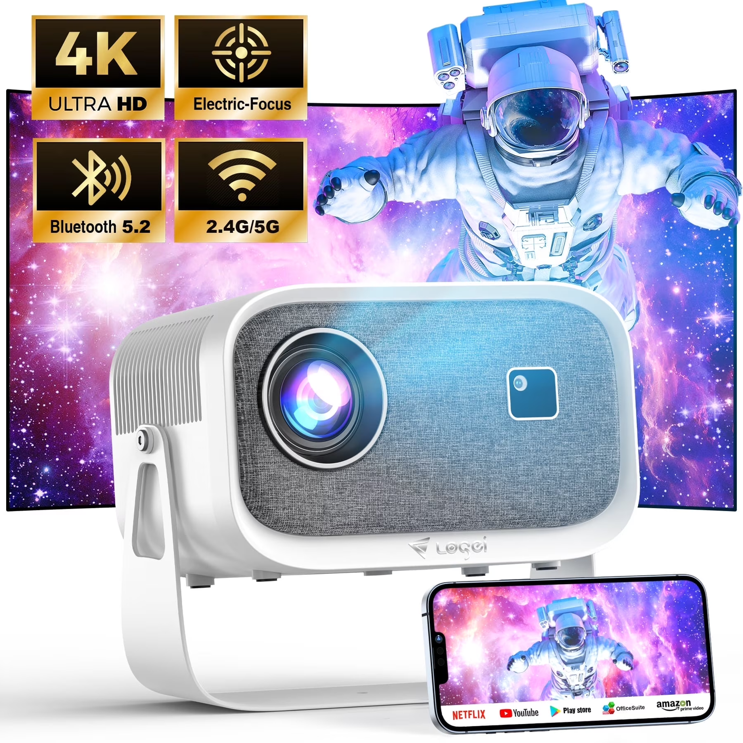 LOSEI Projector Supports 4K resolution Smart Projector Auto Keystone Correction Portable Projector with iOS/Android black