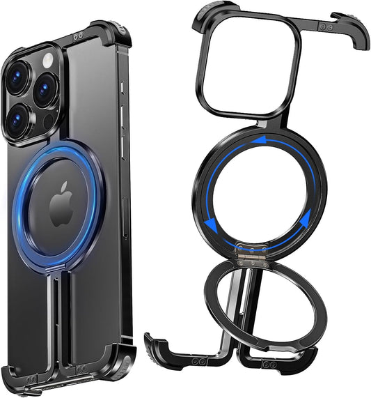VEAT00L Frameless Magnetic Case for iPhone 16 Pro Max,Metal Kickstand 360° Rotatable Stand for MagSafe,Aluminum Minimalist Slim Bumper Shockproof Protective Cover for 16 Pro Max with Ring Holder