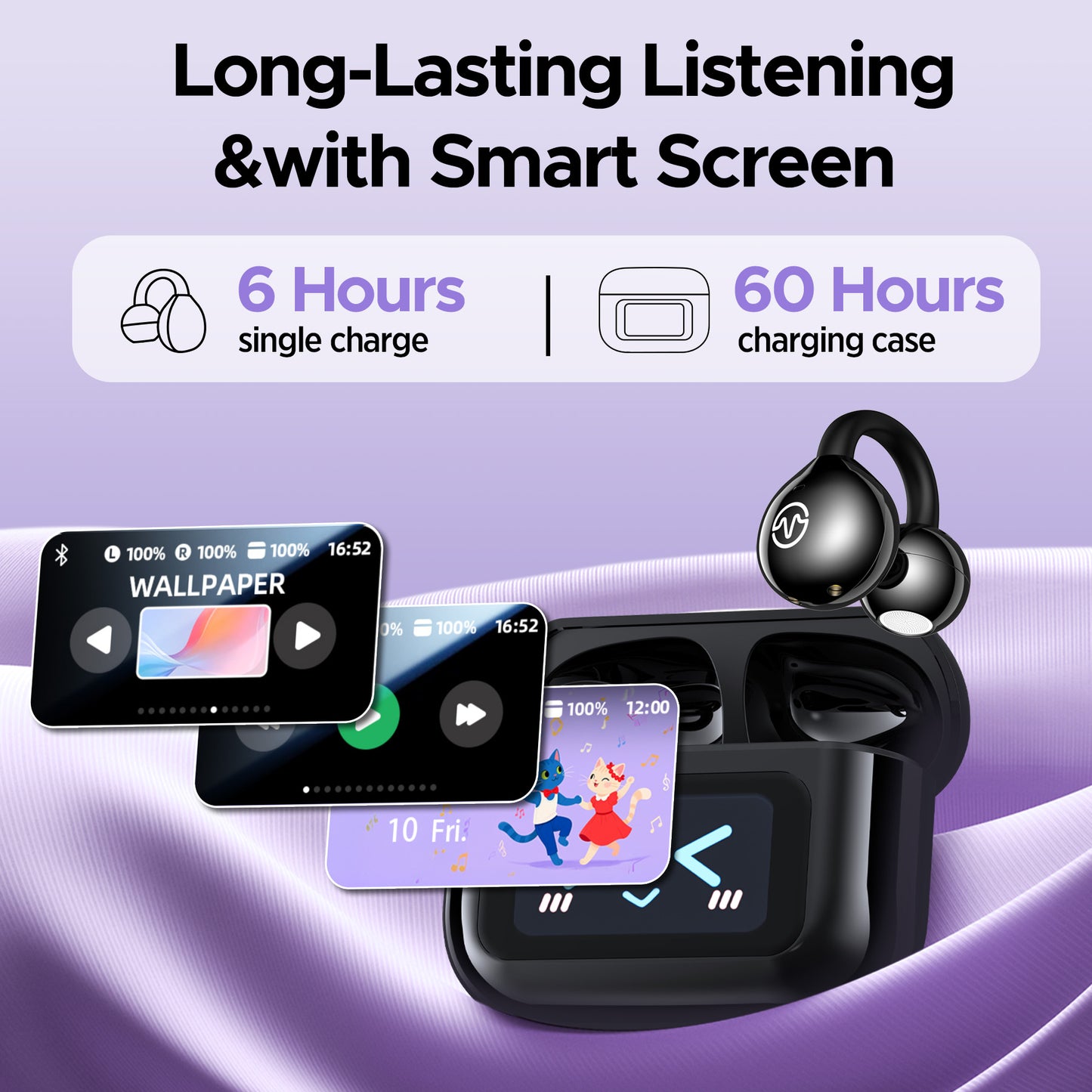 VEAT00L Open-Ear Headphones, Wireless Clip On Earbuds with Digital Display Charging Case 68 Hours Playtime, Lightweight Comfort, Stable Fit, Open-Ear Safety Design for Active and Office Use