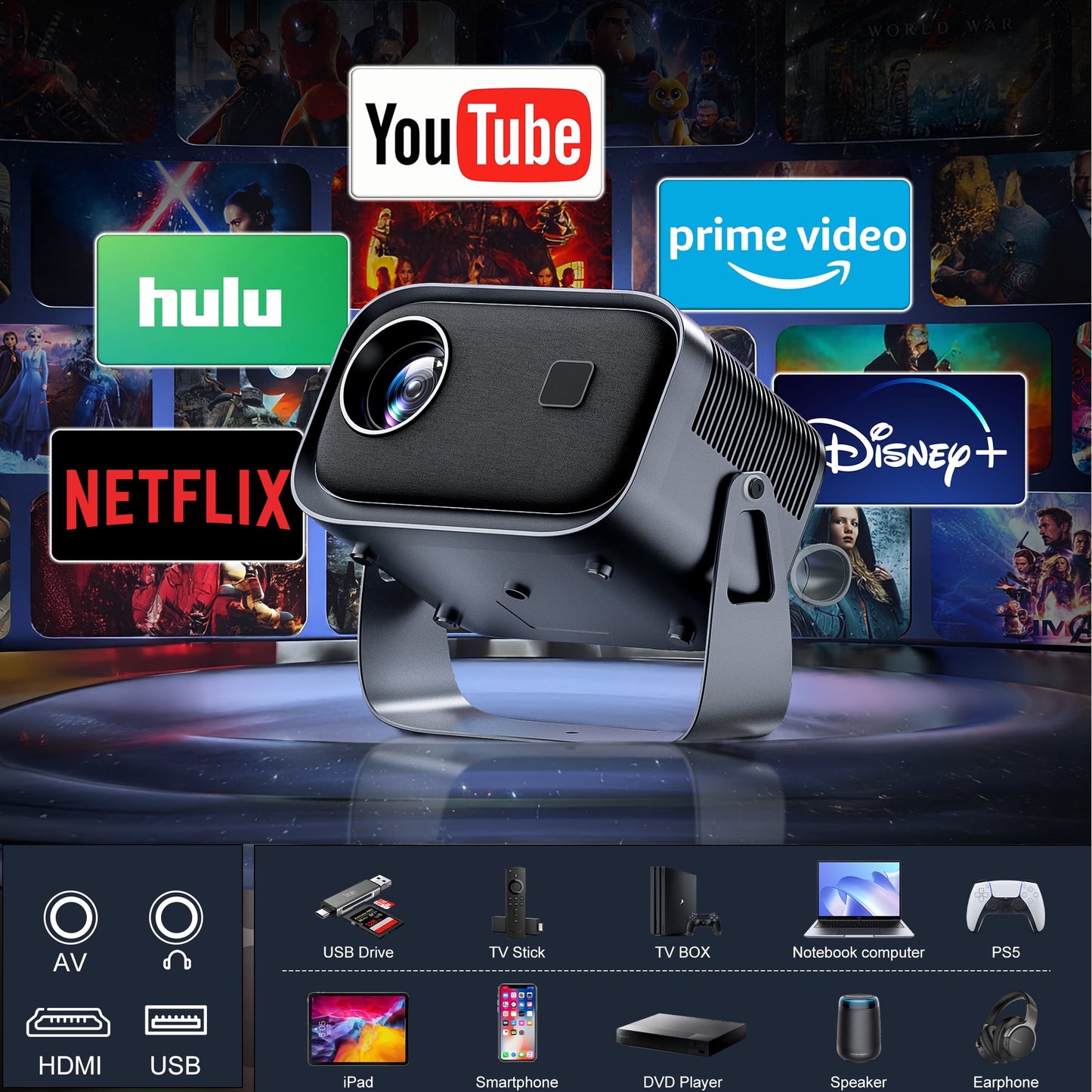LOSEI Projector Supports 4K resolution Smart Projector Auto Keystone Correction Portable Projector with iOS/Android black
