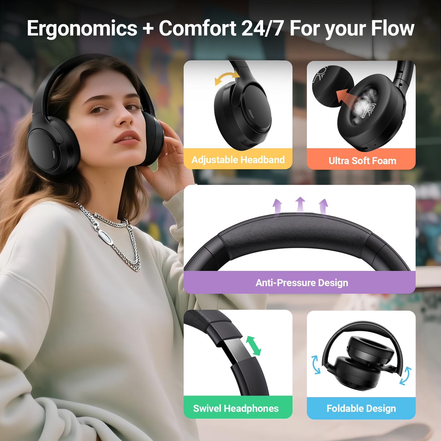 Hybrid Active Noise Cancelling Headphones,-50dB Wireless Bluetooth Headphones with Hi-Res Audio,120H Playtime Over Ear Bluetooth Headphones with 6 ENC Clear Mic