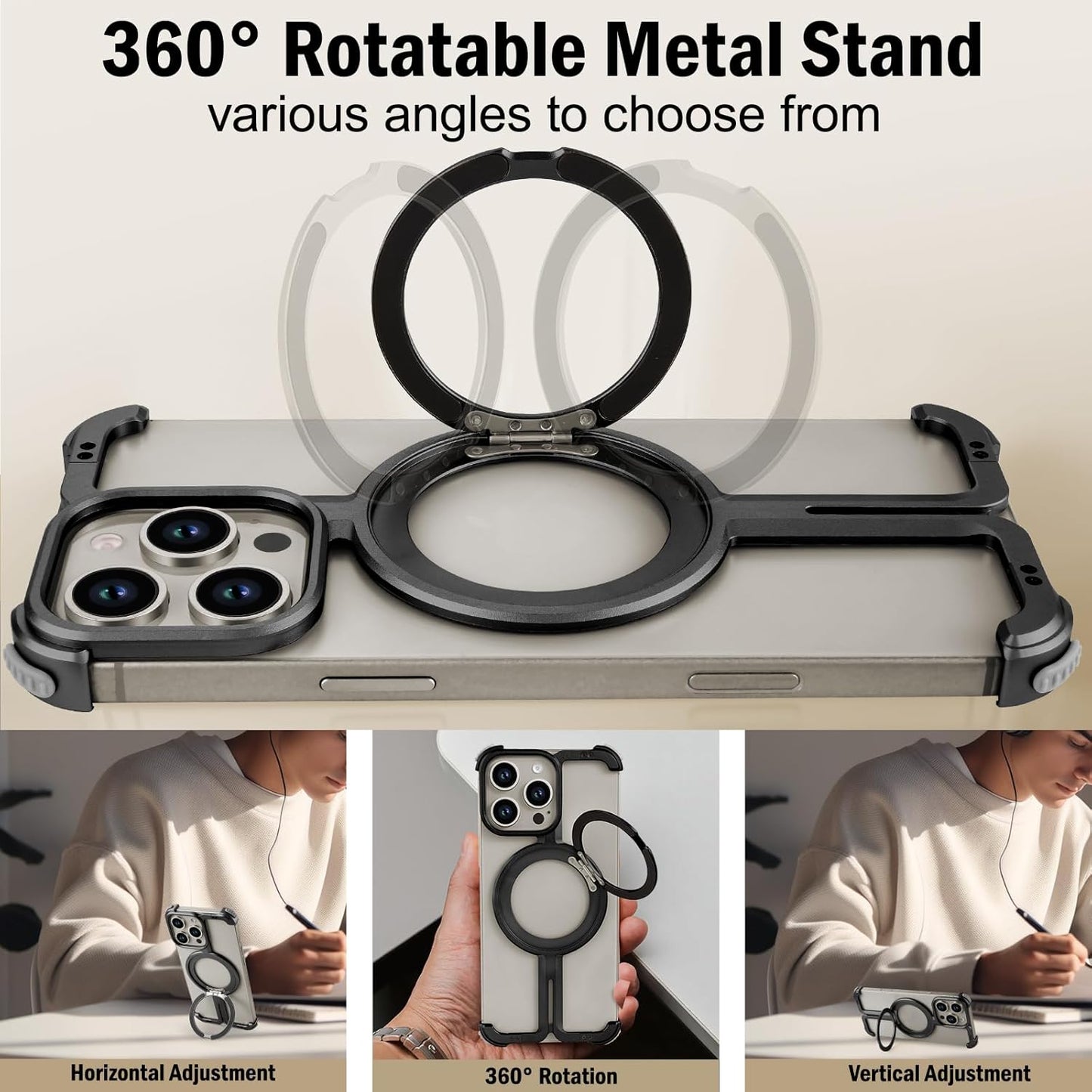 VEAT00L Frameless Magnetic Case for iPhone 16 Pro Max,Metal Kickstand 360° Rotatable Stand for MagSafe,Aluminum Minimalist Slim Bumper Shockproof Protective Cover for 16 Pro Max with Ring Holder