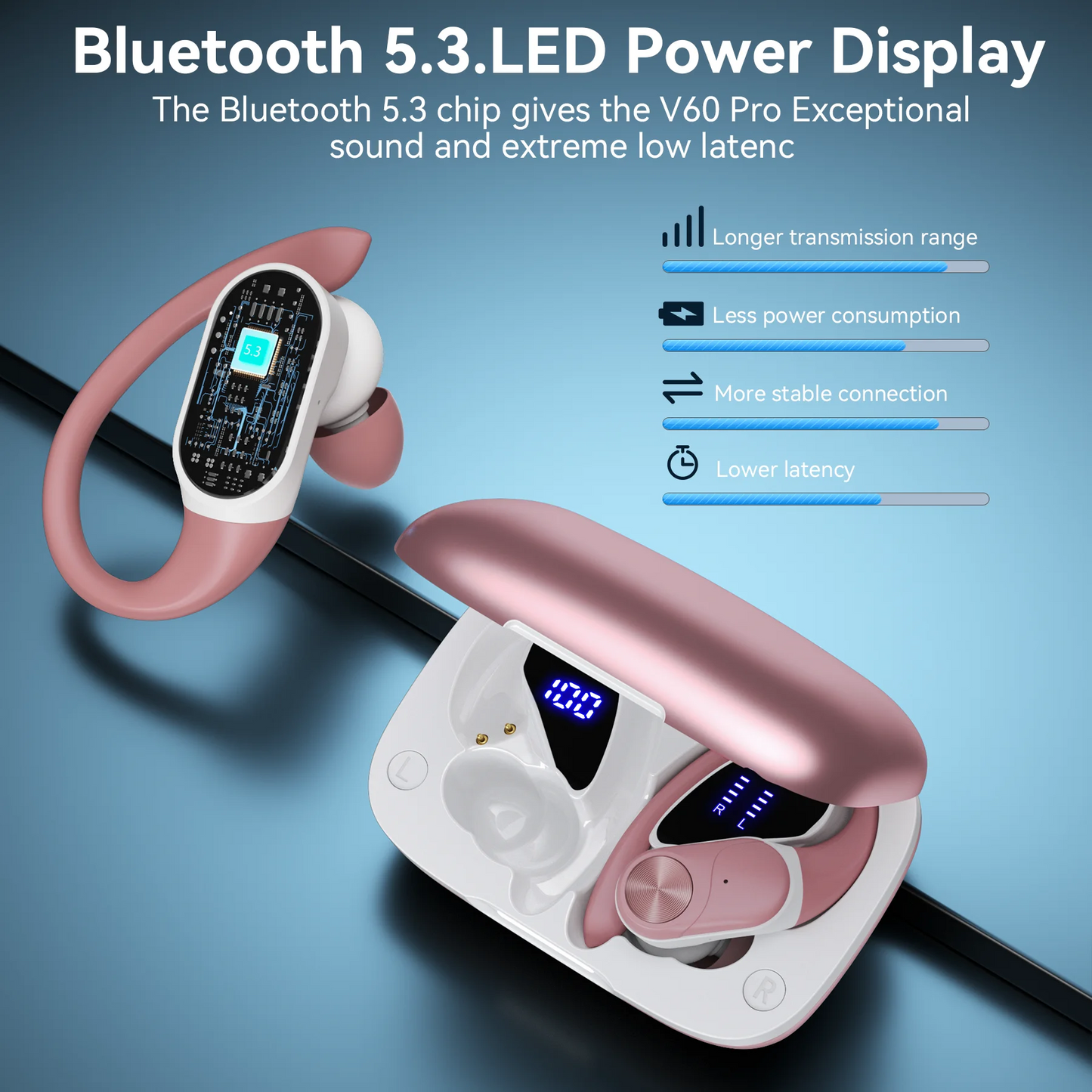 VEAT00L V6 Bluetooth Headphones Wireless Earbuds 88Hrs Playback Sport Ear Buds with Earhook Digital Display Charging Case IPX7 Waterproof Earbud Deep Bass Running Earphones for iOS Android Cellphone