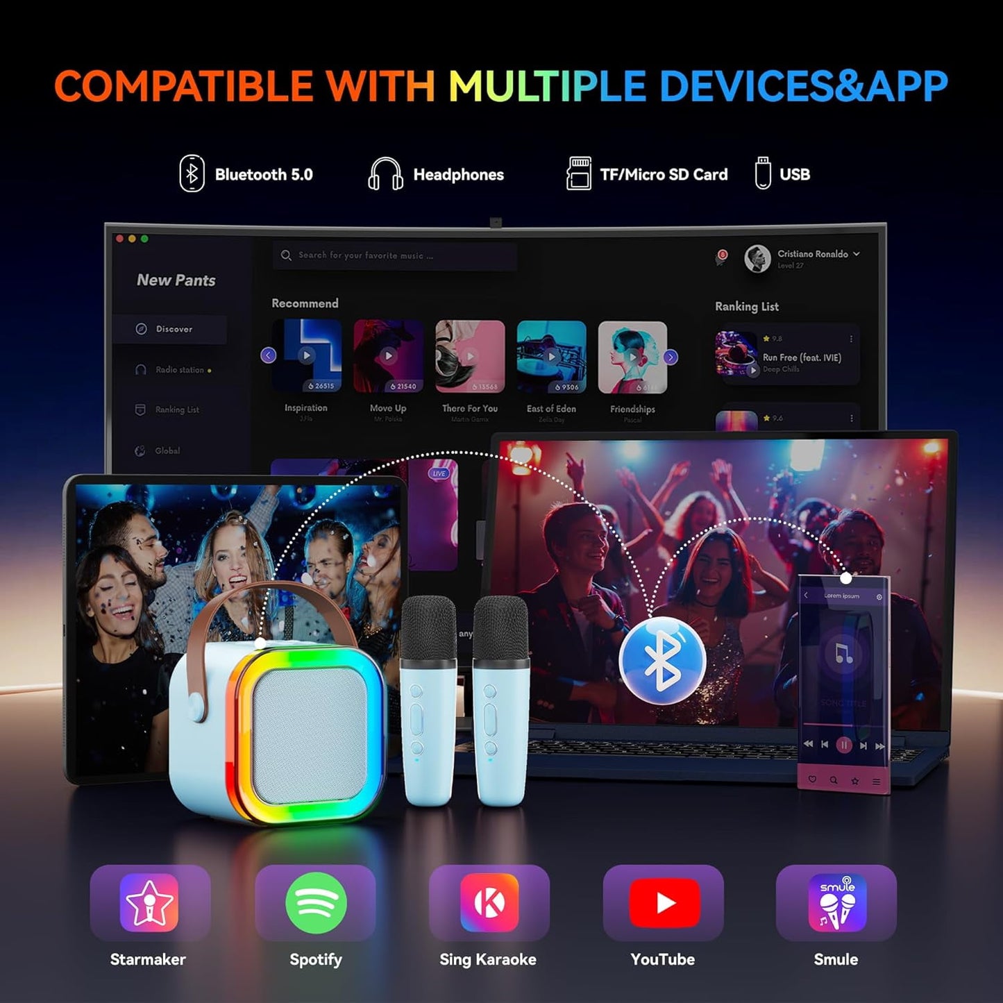 XANLUOER Karaoke Machine for Kids and Adults, Mini Portable Bluetooth Speaker with Microphones and Lights(Blue)