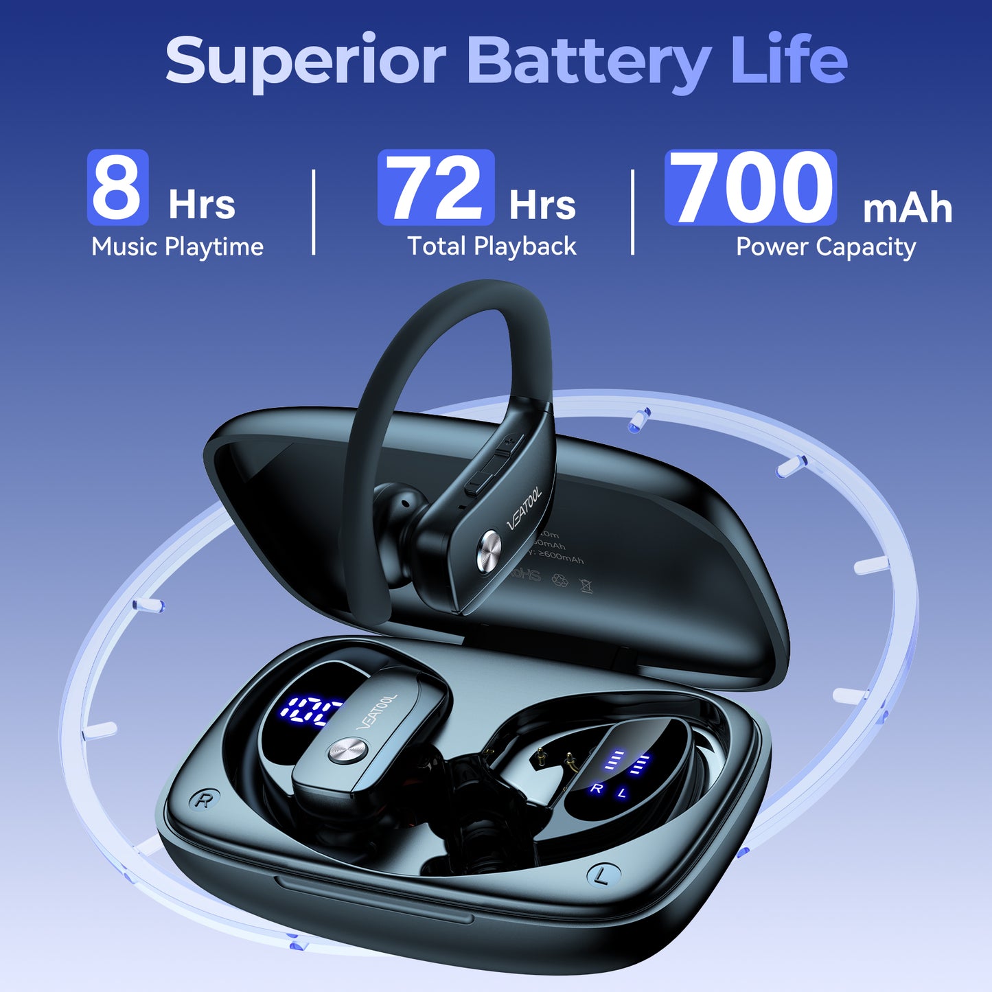 VEAT00L Wireless Earbuds Bluetooth Headphone Sport, Bluetooth 5.4 Earbud, 72Hrs Earphone with Earhook, Mic