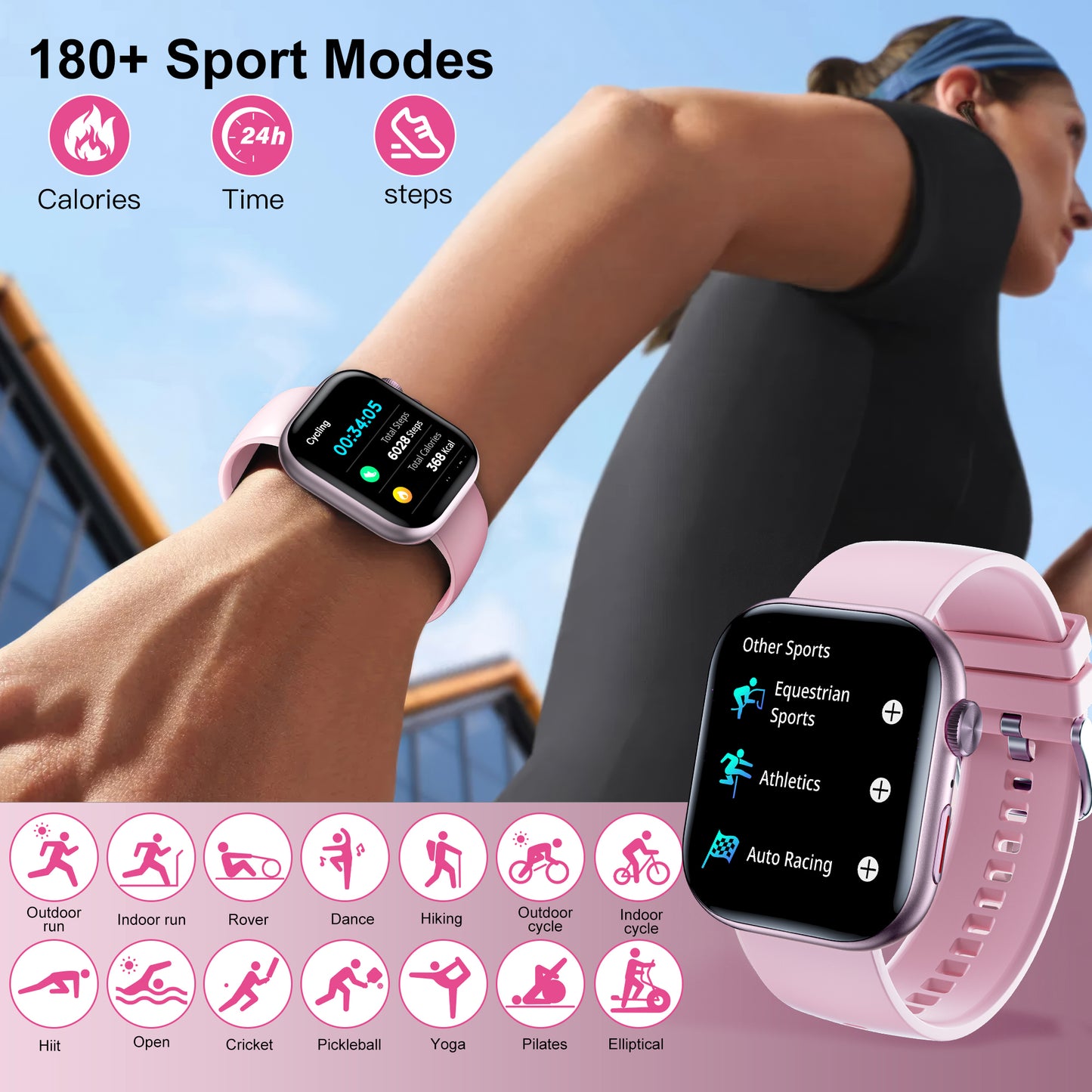 Smart Watch for Men Women, 2.01" HD Touchscreen, Bluetooth Call, IP68 Waterproof, 180+ Sports Modes, Health & Sleep Tracker, for Android iOS, Pink