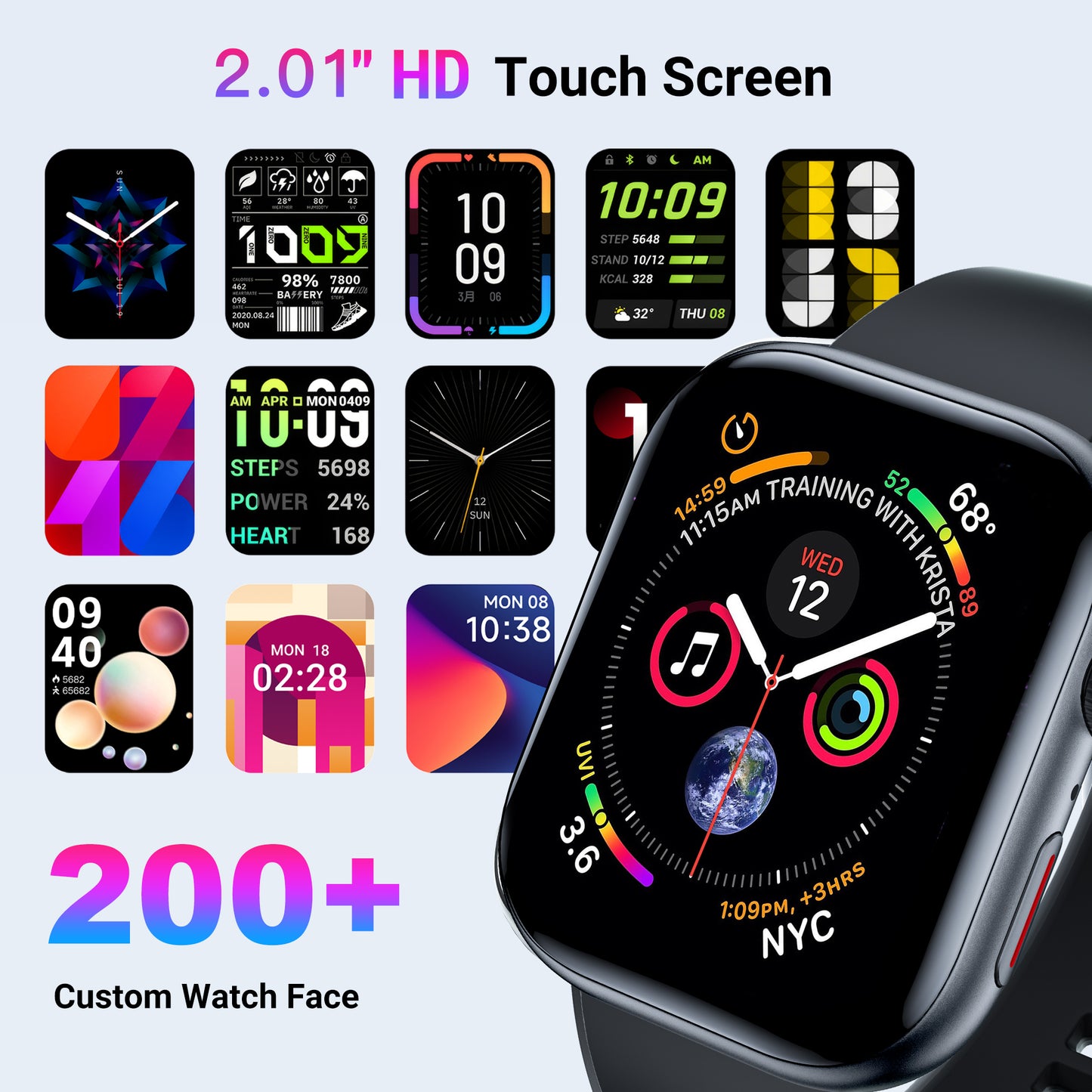 Smart Watch for Men Women, 2.01" HD Touchscreen, Bluetooth Call, IP68 Waterproof, 180+ Sports Modes, Health & Sleep Tracker, for Android iOS, Black