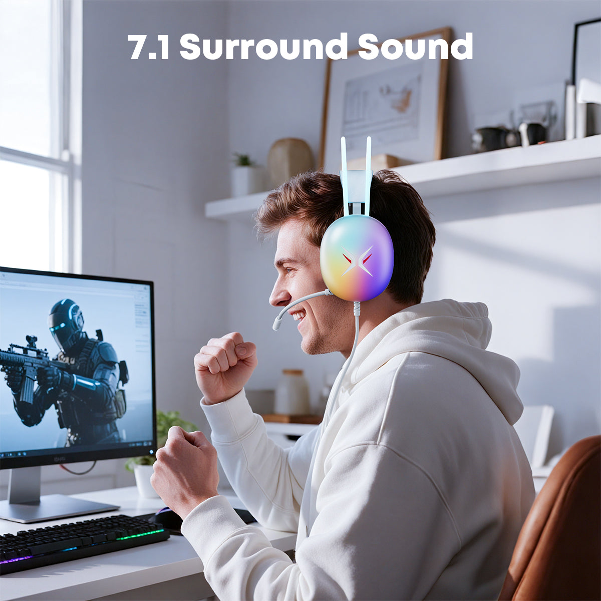 Gaming Headset with Microphone, Compatible with PS4 PS5 Xbox One PC Laptop, Over-Ear Headphones with LED Light, Noise Canceling Mic, 7.1 Stereo Surround Sound,Soft Earmuffs for Nintendo Series X|S
