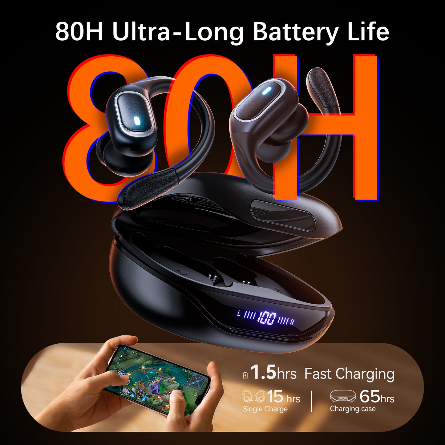 VEATOOL Wireless Earbuds Bluetooth 5.3 Headphones with 80H Playback, IPX7 Waterproof Over Ear Buds with LED Power Display for Sports Running Workouts