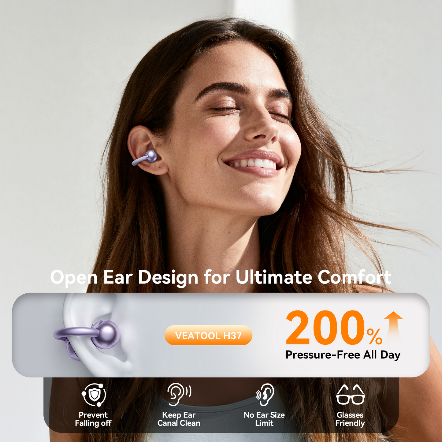 VEATOOL Clip On Earbuds,Bluetooth 5.4 Lightweight Comfort Bone Conduction Open Ear Headphones with LED Digital Display,Noise Cancelling Headphones, IPX7 Suitable for Small Ears and Eyeglass Wearers