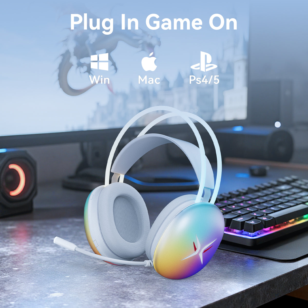Gaming Headset with Microphone, Compatible with PS4 PS5 Xbox One PC Laptop, Over-Ear Headphones with LED Light, Noise Canceling Mic, 7.1 Stereo Surround Sound,Soft Earmuffs for Nintendo Series X|S