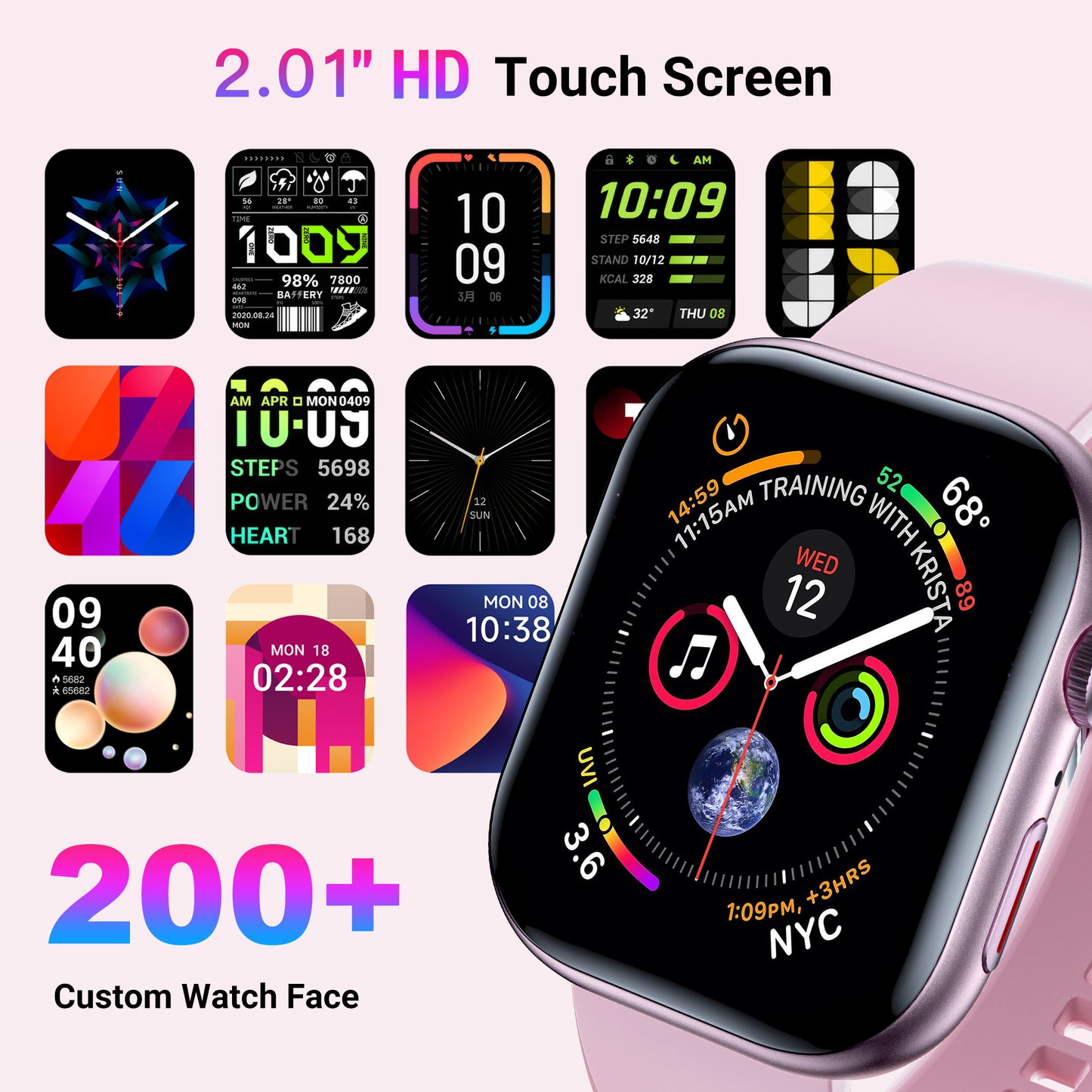 Smart Watch for Men Women, 2.01" HD Touchscreen, Bluetooth Call, IP68 Waterproof, 180+ Sports Modes, Health & Sleep Tracker, for Android iOS, Pink