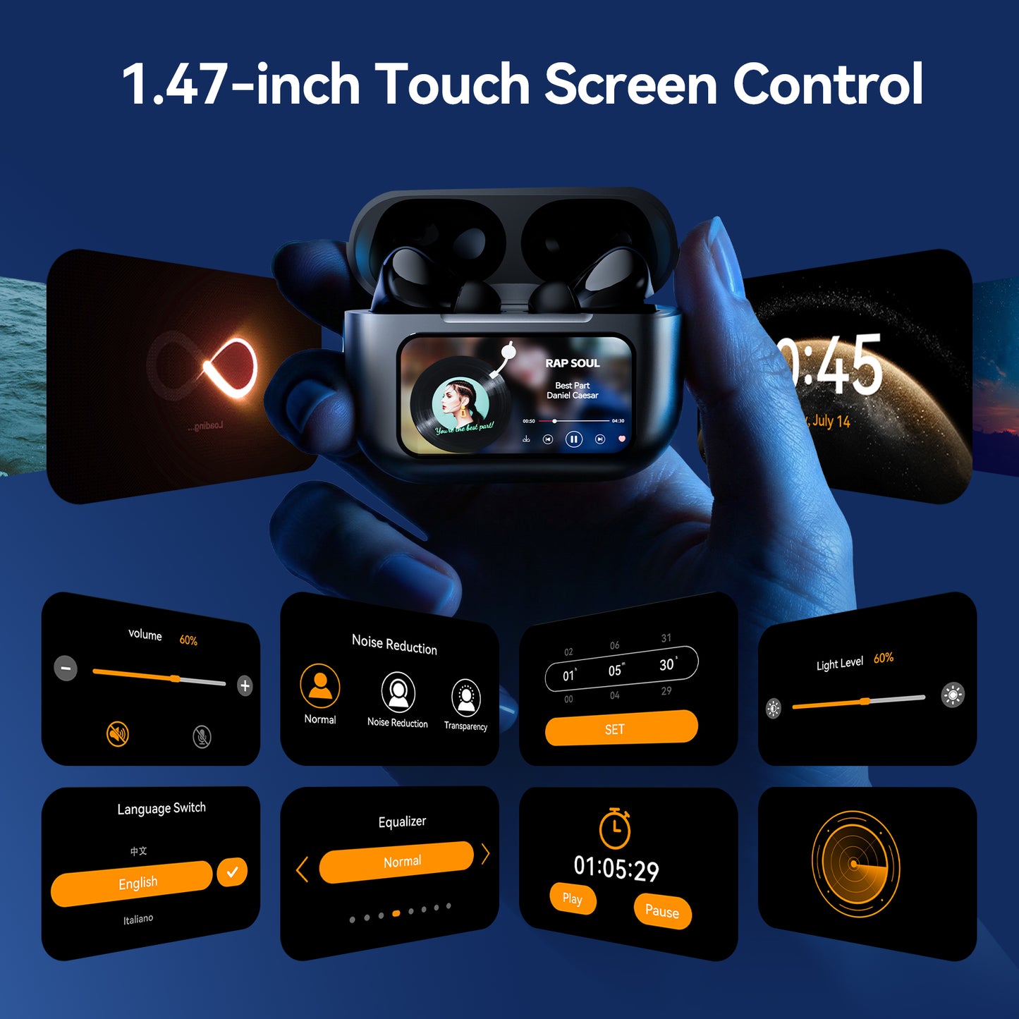 VEAT00L A9 ANC+ENC Earbuds with Smart Touch Screen,Bluetooth 5.4, HiFi Stereo Multiple EQ settings