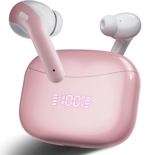 VEATOOL X15 Wireless Earbuds Bluetooth 5.2 Headphones,35H Hi-Fi Stereo Deep Bass Earphones with Noise Cancelling Mic IP7 Waterproof Sport Headset with LED Power Display for Laptop Pad Phones Pink