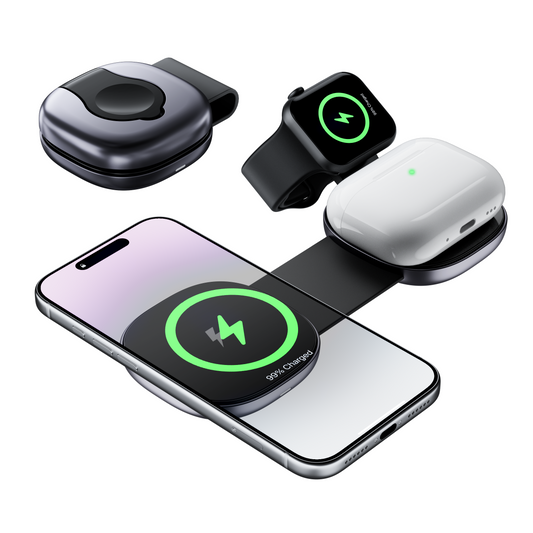 3-in-1 Foldable Magnetic Wireless Charger, Fast Charging Station with Independent Coils, Super Strong Magnetic Hold – Black
