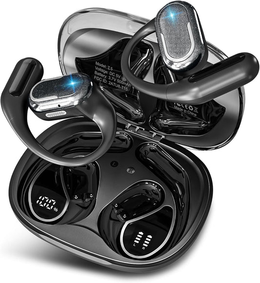 VEAT00L T5 Open Ear Headphones with Mic, Air Conduction Wireless Earbuds with LED Digital Display 40 Hrs Playtime,Clear Call ,Fast Charing,IPX7,Bluetooth 5.4 Open Ear Earbuds for Running, Workout