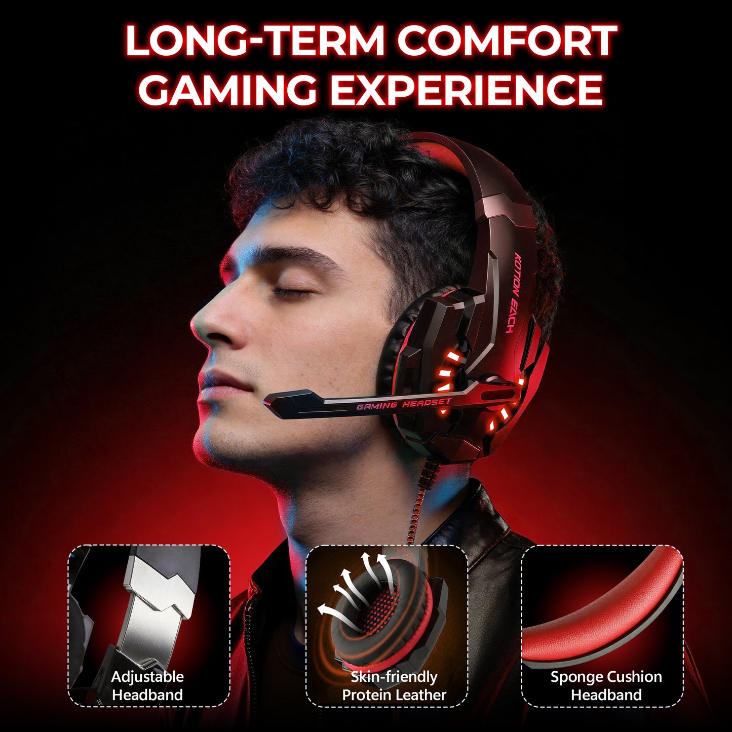 Gaming headset, over-ear design, RGB lighting, noise cancellation, long battery life, multi-device compatibility.