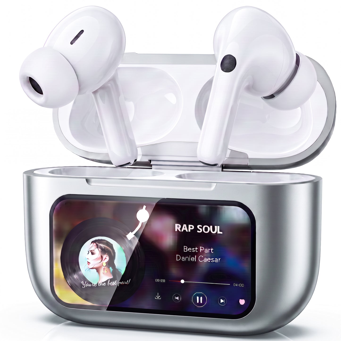 Wireless Bluetooth Touchscreen Earbuds,75H Bass Stereo Ear Buds with 6 EQ Modes,Multifunction LED Full Color Touchscreen Wireless Earphones with ENC Mic,ANC Noise Cancelling/Transparency Mode