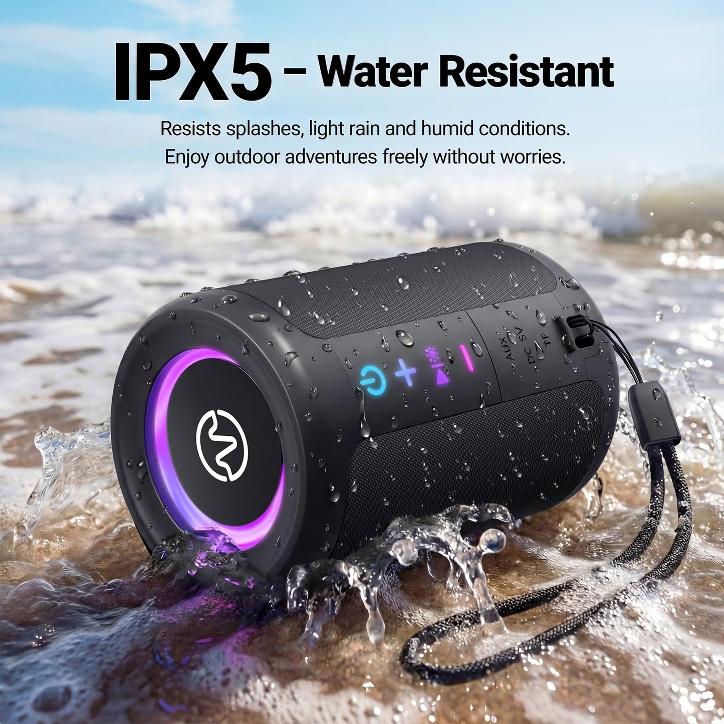 VEATOOL Portable Bluetooth Speaker, IPX5 Waterproof, Stereo Sound, 12H Playtime, Bluetooth 5.3, RGB Lights, Outdoor Speaker