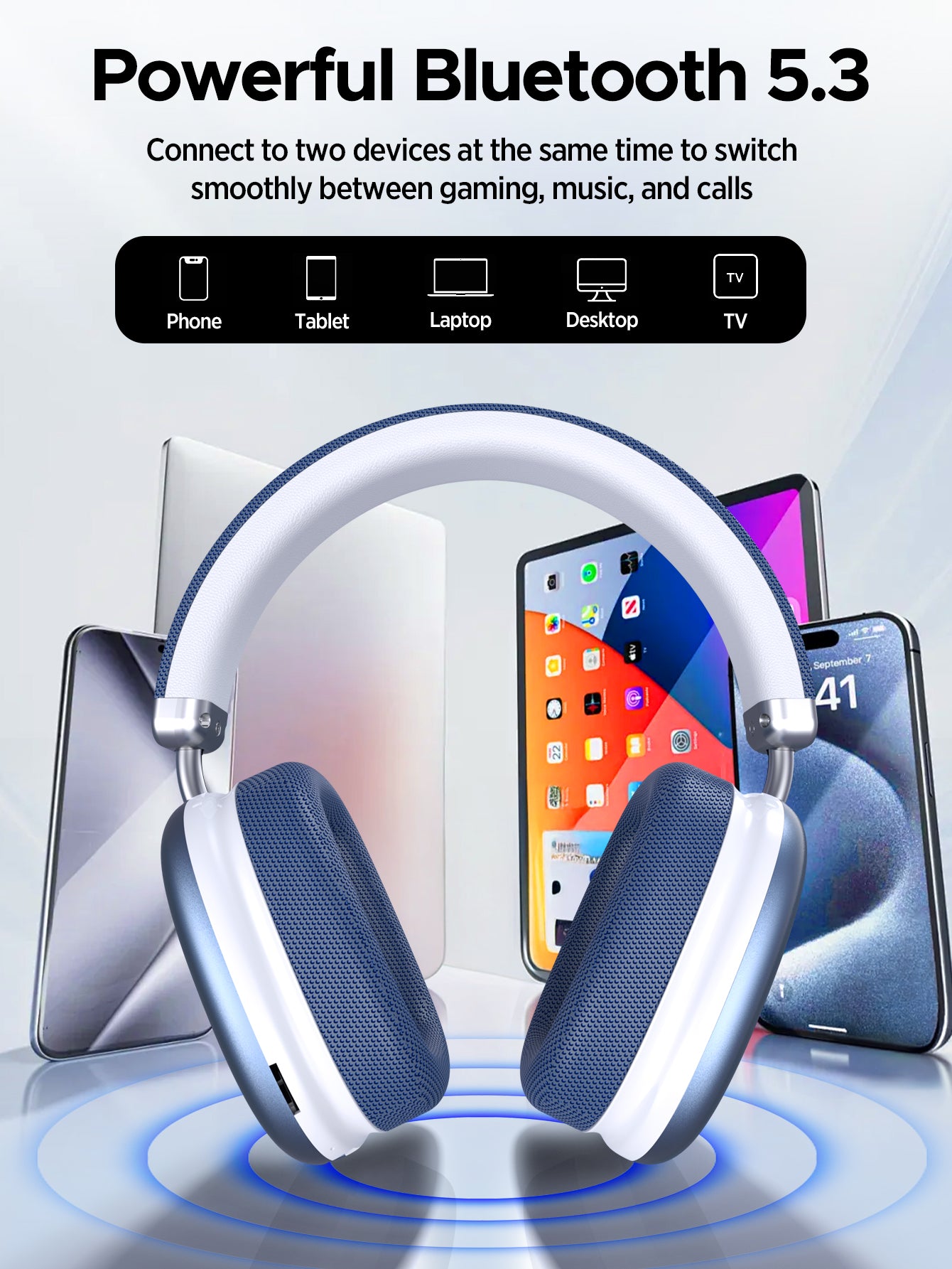 SY-BT1632 High-Fidelity Over-Ear Bluetooth Headphones | Powerful 40mm Bass | Bluetooth 5.3 Dual-Mode Connectivity | 40-Hour Battery Life | Comfortable Fit(Blue)