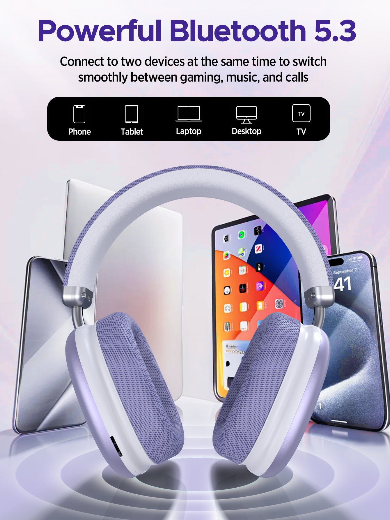 SY-BT1632 High-Fidelity Over-Ear Bluetooth Headphones | Powerful 40mm Bass | Bluetooth 5.3 Dual-Mode Connectivity | 40-Hour Battery Life | Comfortable Fit(Purple)
