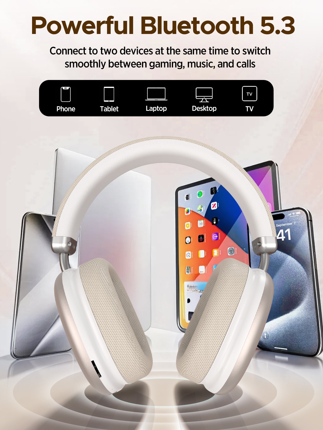 SY-BT1632 High-Fidelity Over-Ear Bluetooth Headphones | Powerful 40mm Bass | Bluetooth 5.3 Dual-Mode Connectivity | 40-Hour Battery Life | Comfortable Fit(Starlight)