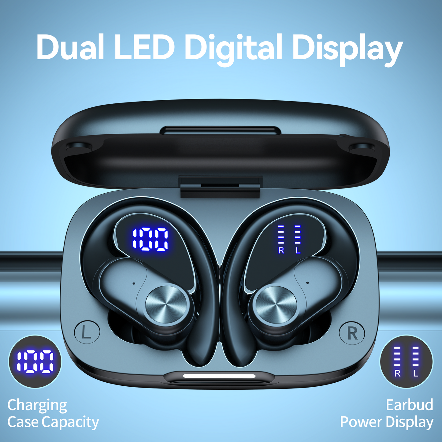 VEAT00L V6 Bluetooth Headphones Wireless Earbuds 88Hrs Playback Sport Ear Buds with Earhook Digital Display Charging Case IPX7 Waterproof Earbud Deep Bass Running Earphones for iOS Android Cellphone