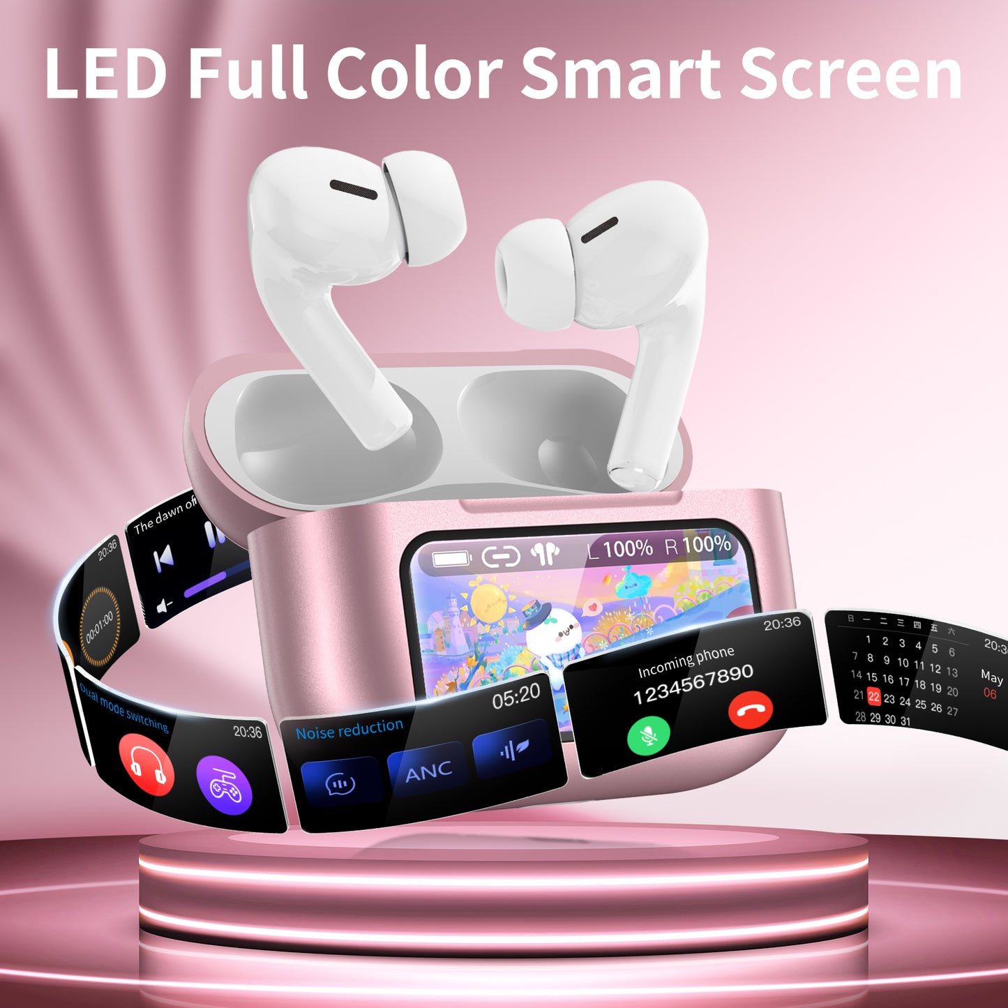 Wireless Bluetooth Touchscreen Earbuds,75H Bass Stereo Ear Buds with 6 EQ Modes,Multifunction LED Full Color Touchscreen Wireless Earphones with ENC Mic,ANC Noise Cancelling/Transparency Mode