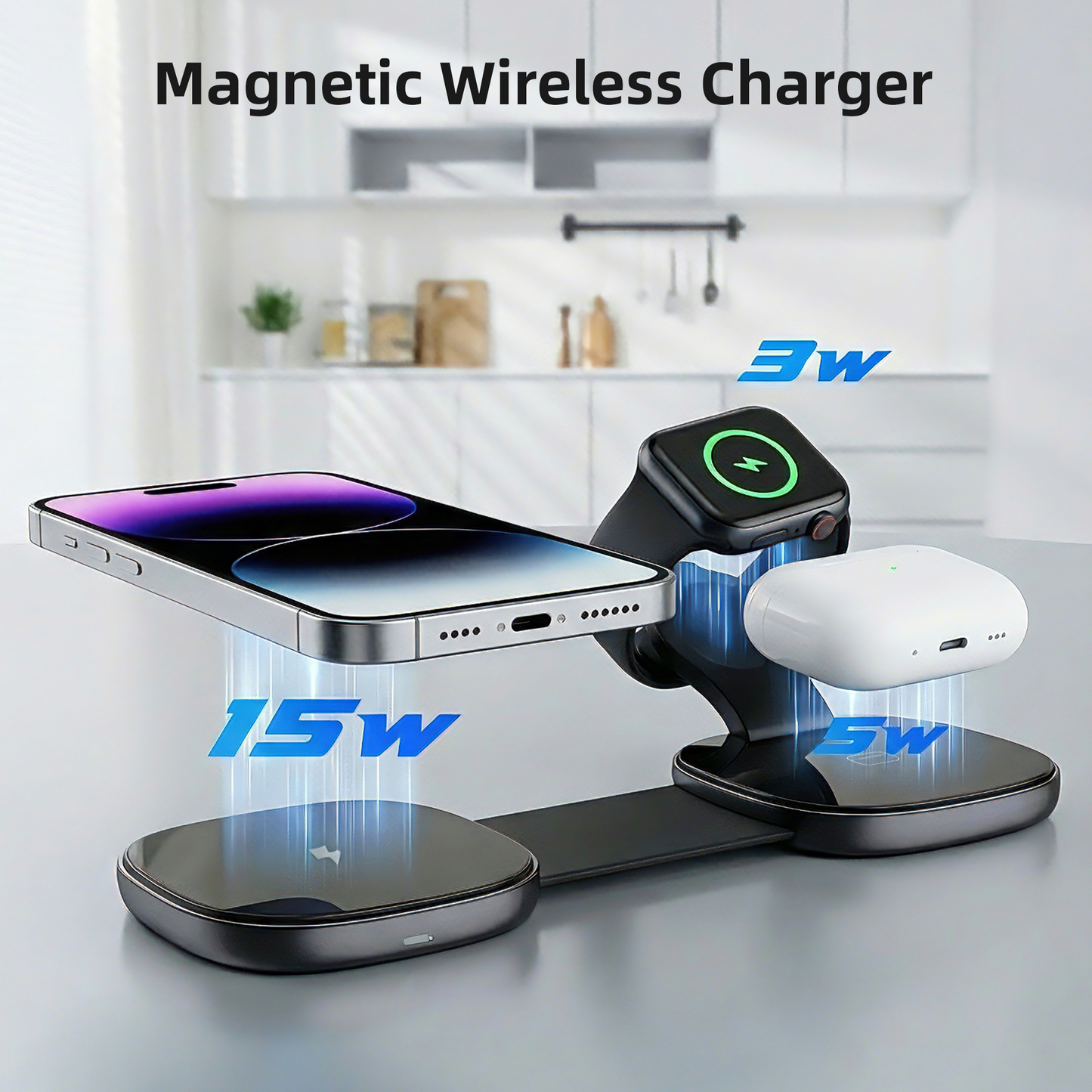 3-in-1 Foldable Magnetic Wireless Charger, Fast Charging Station with Independent Coils, Super Strong Magnetic Hold – Black