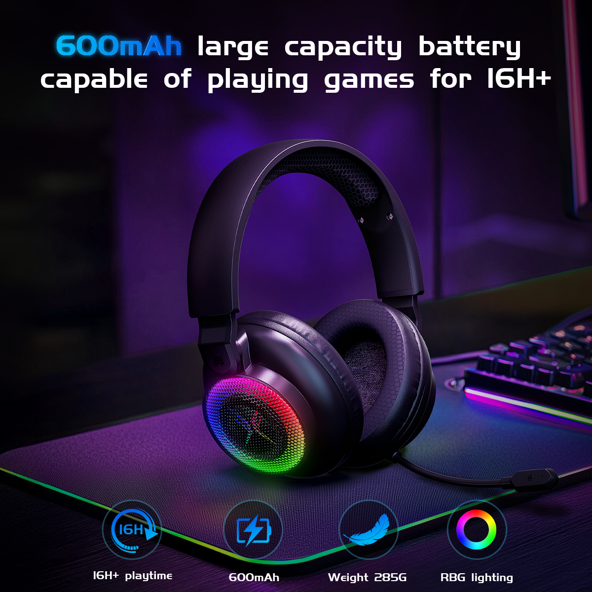 Tri-mode Gaming Headset, Over-ear Design, RGB Lighting, Noise Cancellation, Long Battery Life, ,Multi-Device Compatibility.