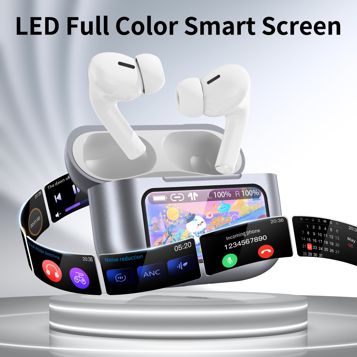 Wireless Bluetooth Touchscreen Earbuds,75H Bass Stereo Ear Buds with 6 EQ Modes,Multifunction LED Full Color Touchscreen Wireless Earphones with ENC Mic,ANC Noise Cancelling/Transparency Mode