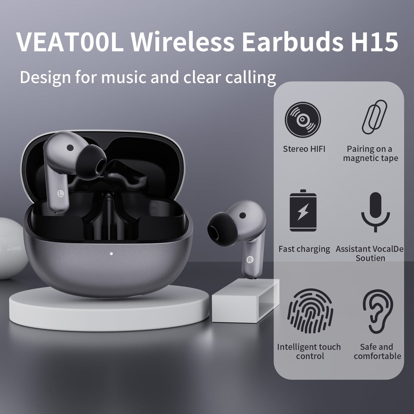 VEATOOL H15 Bluetooth Earbuds 5.3 Noise Reduction ANC and ENC-28dB Wireless Headphones 25H Battery Life IPX7 Stereo,Black Electroplating