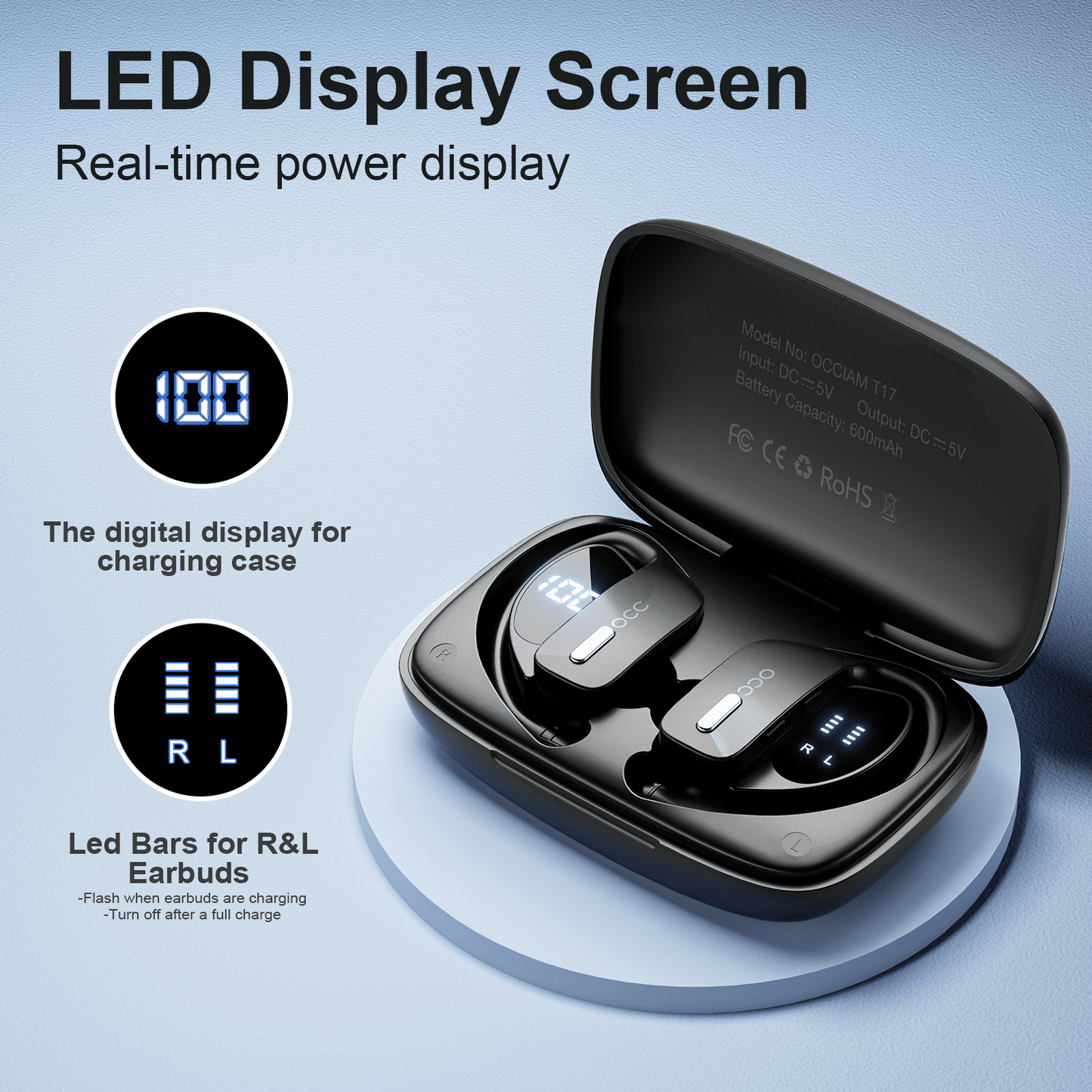 Bluetooth Headphones Wireless Earbuds 48hrs Playback IPX5 Waterproof Earphones Over-Ear Stereo Bass Headset with Earhooks Microphone LED Battery Display for Sports/Workout/Gym Black