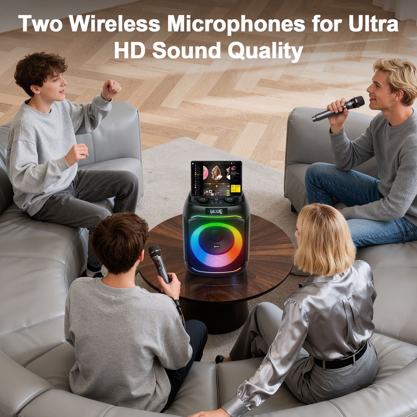 VEATOOL Karaoke Machine, Home Karaoke System with 2 Microphone, Bluetooth Speaker with Party Light, ET107