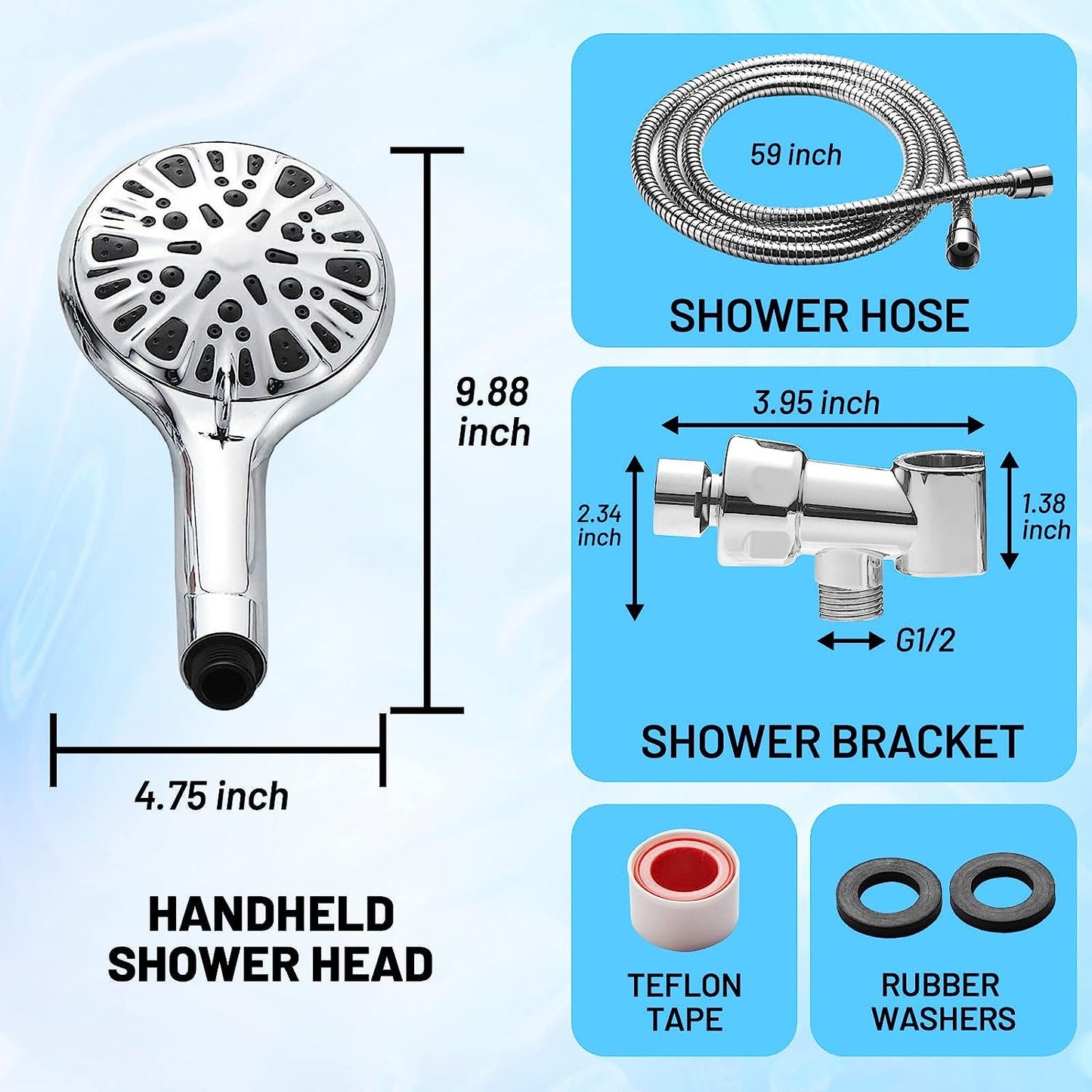 KDMLR 9 Functions Shower Head High Pressure Handheld Shower Head Luxury Modern Polished Chrome Look High Flow Bathroom Showerhead Set with 59" Hose Bracket Teflon Tape