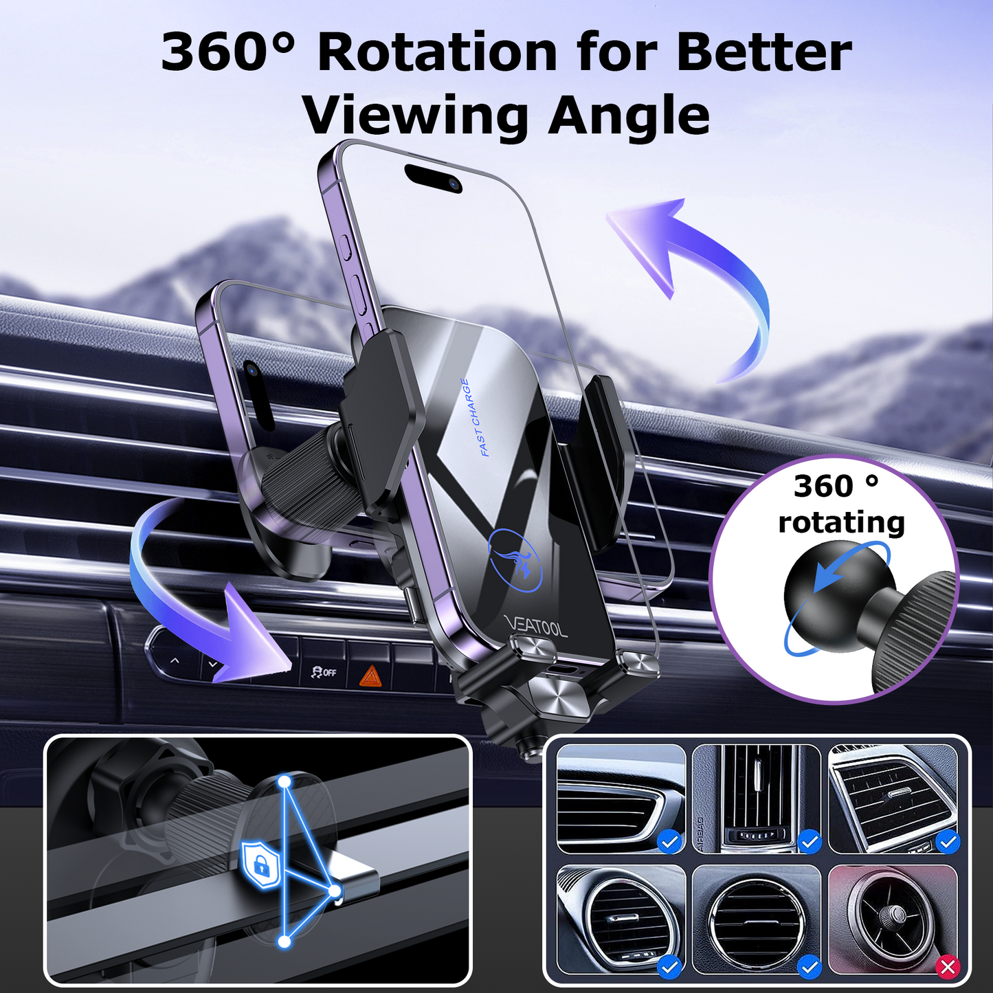 Wireless Car Charger,VEATOOL 15W Fast Charging Phone Mount for Car Vent,Auto Clamping,Car Phone Holder with Enlarged Charging Coil for iPhone 16 15 14Pro Max Xs,Samsung Galaxy S&Note Series Google LG