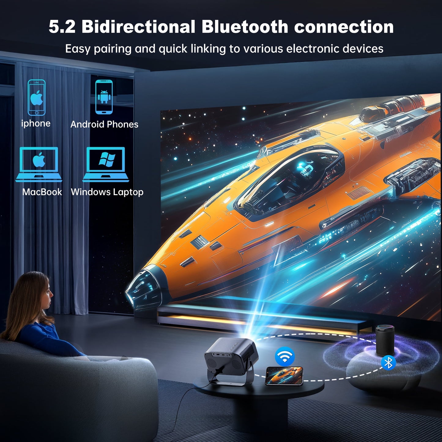 LOSEI Projector Supports 4K resolution Smart Projector Auto Keystone Correction Portable Projector with iOS/Android black