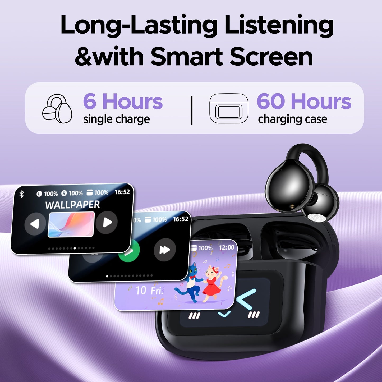 VEATo0L Open Ear Clip-On Earbuds, LCD Touch Screen,Bluetooth 5.4 Sports Earphones,ENC Call Noise Cancelling Earphones with Mic,Ear Clip Earbuds,Bass Boost,IPX7 Waterproof,60H Playtime,Lightweight