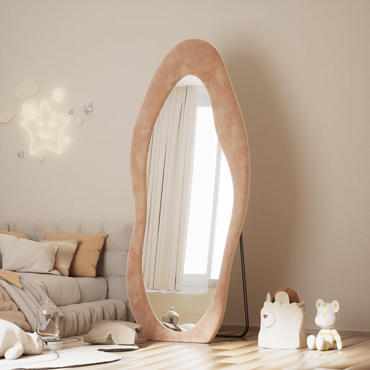 XANLUOER 63"x24" Full Length Mirror Irregular Cloud Floor Mirror With Flannel Frame, Light Brown