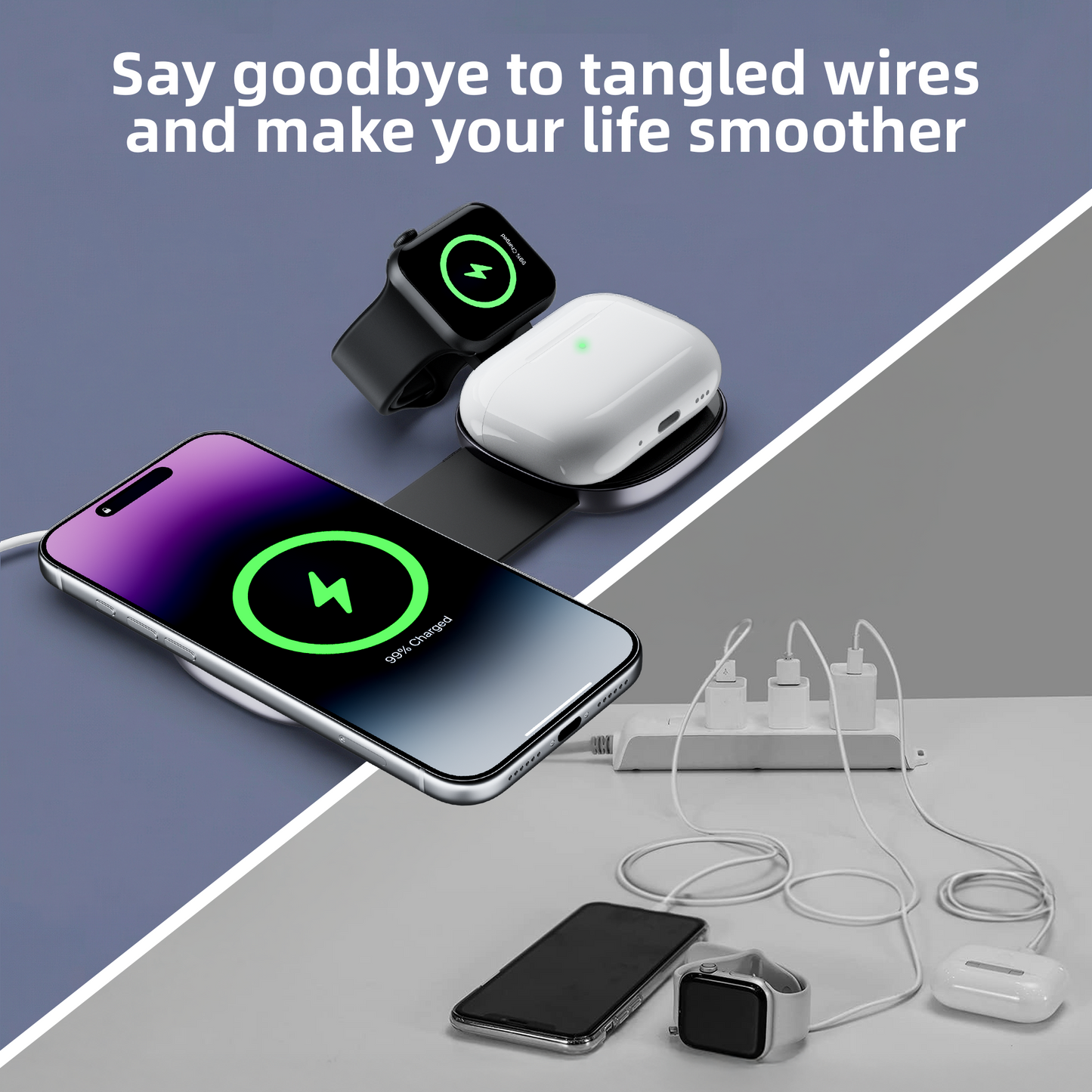 3-in-1 Foldable Magnetic Wireless Charger, Fast Charging Station with Independent Coils, Super Strong Magnetic Hold – Black