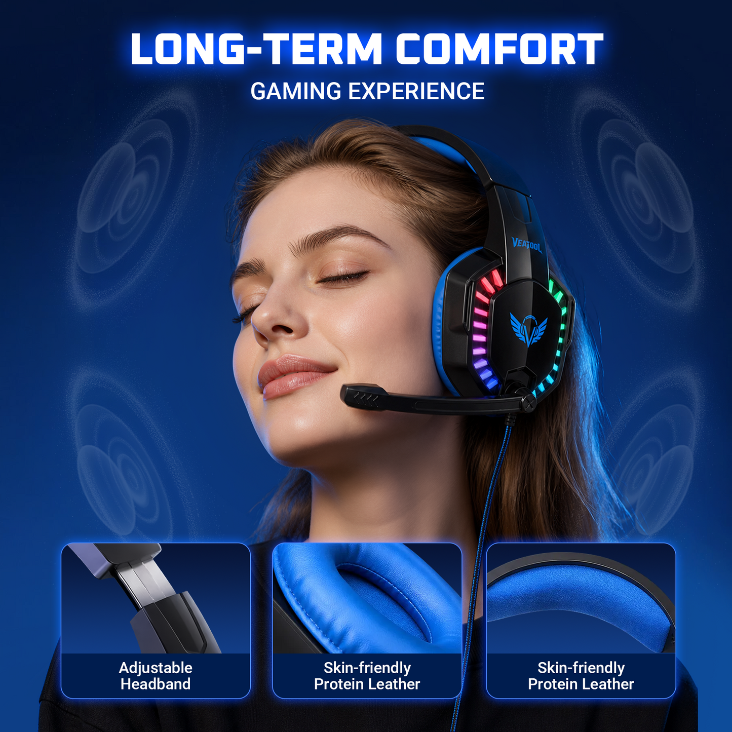 VEAT00L Gaming Headset with Microphone, Compatible with PS4 PS5 Xbox One PC Laptop, Over-Ear Headphones with LED Light, Noise Canceling Mic, 7.1 Stereo Surround Sound,Soft Earmuffs for Nintendo Series